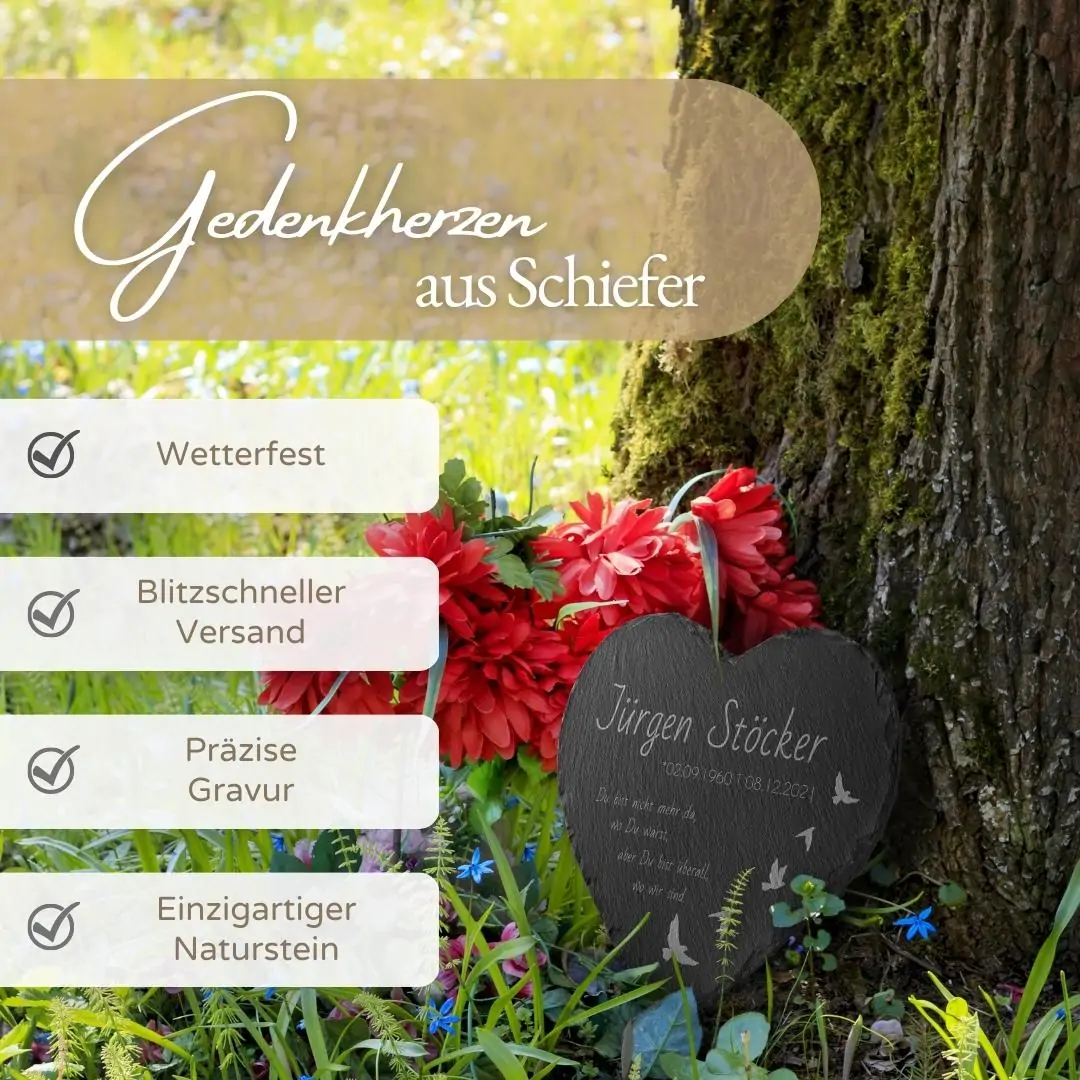 Grabherz aus Naturschiefer mit Herz Motiven und Wunschgravur ab 18×18 cm – Bild 3